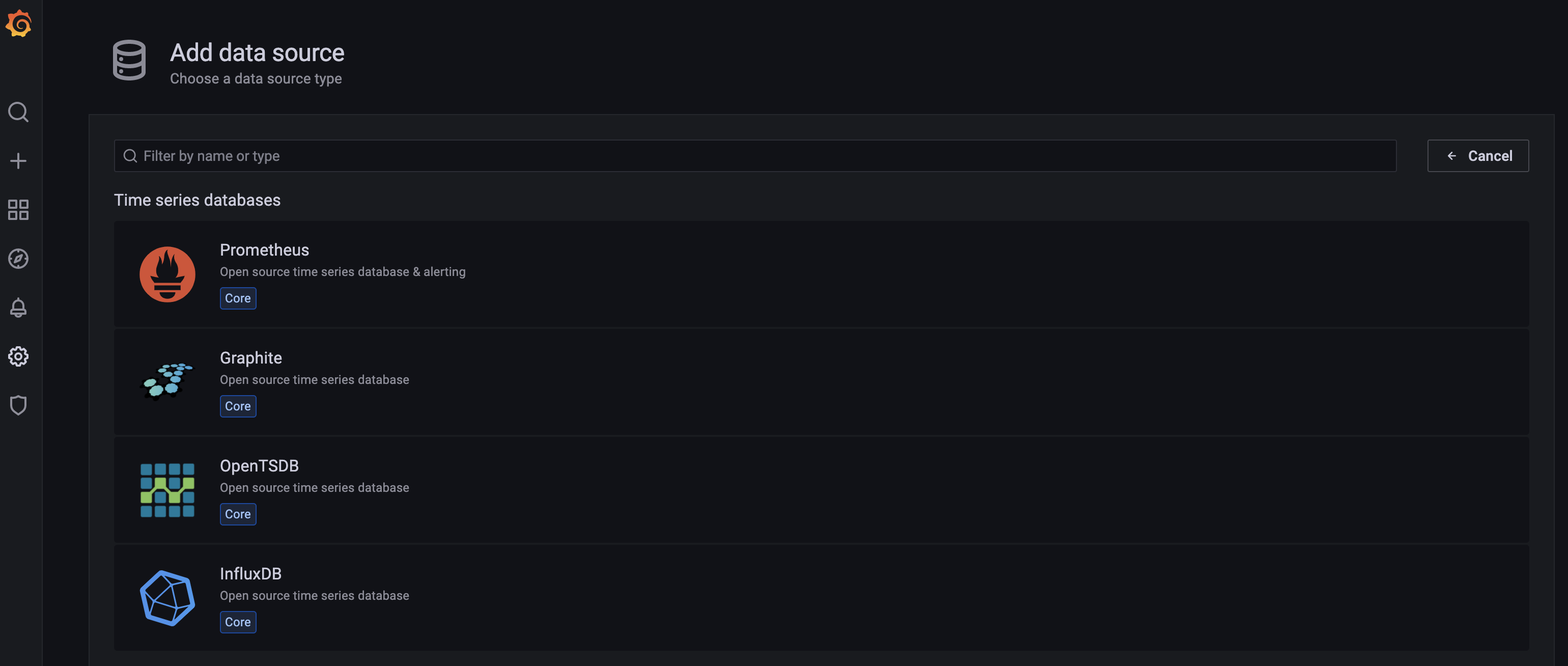 Screencapture showing selecting Prometheus as a data source in Grafana