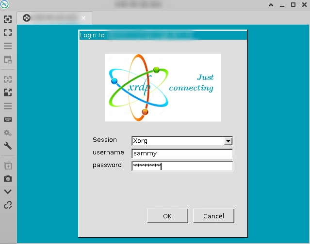 Screencapture showing the xrdp Login Screen with selected for session type, filled in the username box, and a redacted password in the password box