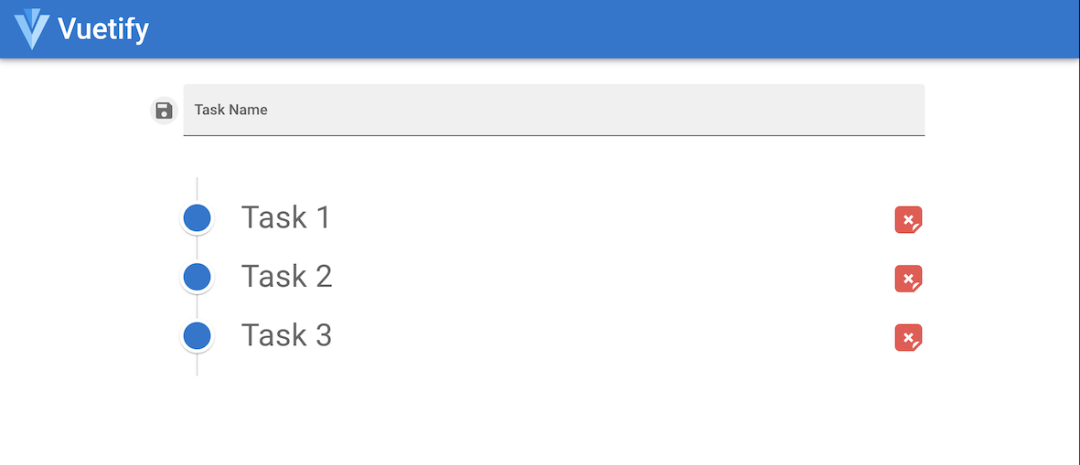 The Vuetify to-do app now displays three tasks in a list: Task 1, Task 2, Task 3