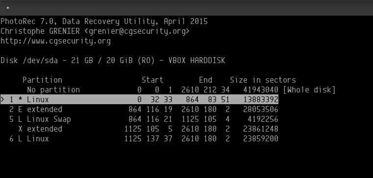 Photorec Partition Selection