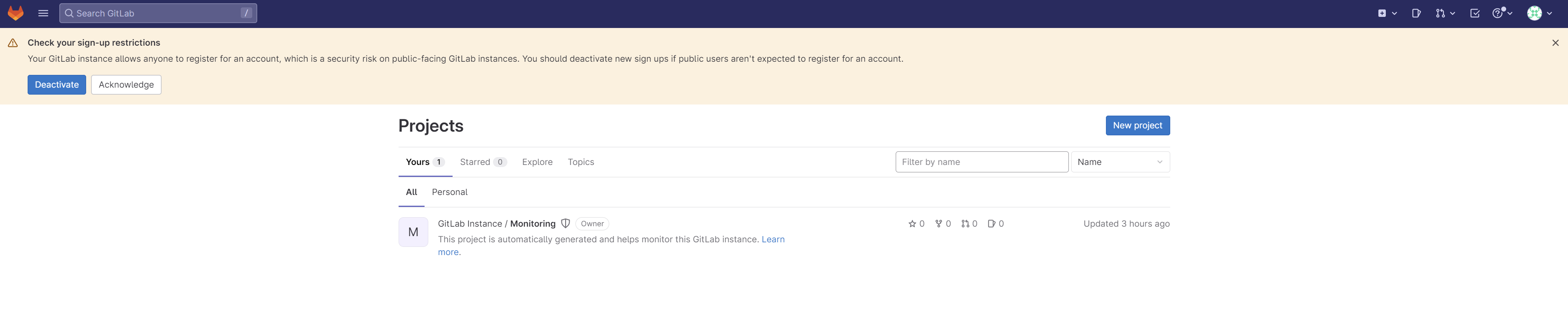 GitLab's main dashboard page