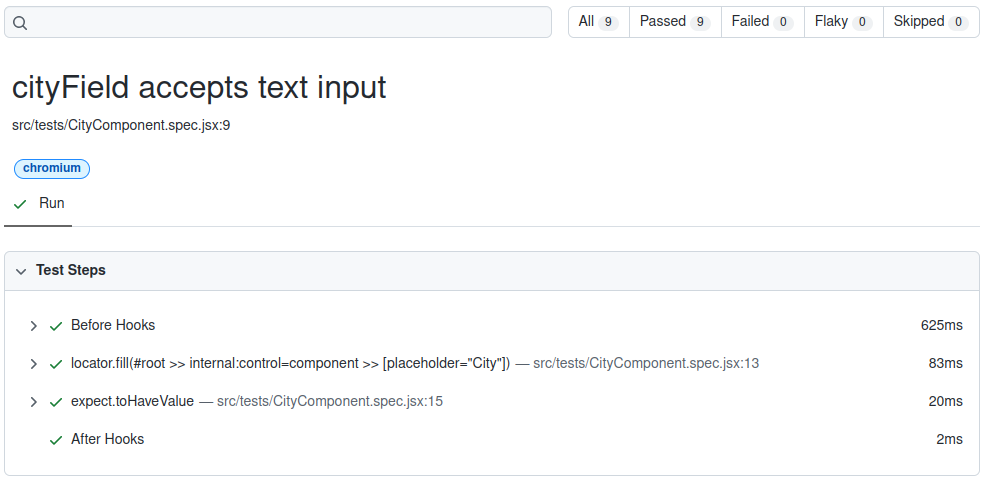 Screen capture of the cityField accepts text input report details displaying the length of time that each element of the test took