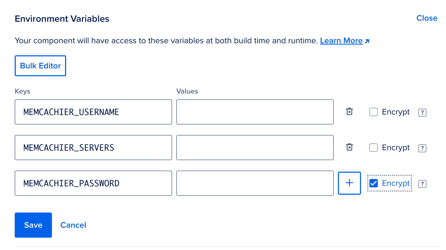 Screencapture of App Platform configuration window for environment variables