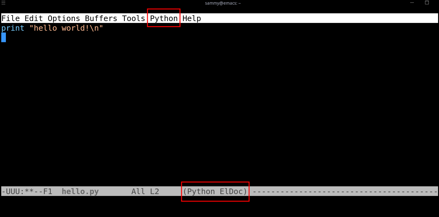 Inside the Emacs main buffer, the edited Python code has color syntax-highlighting and reveals that it is in Python mode in the status line. The main menu includes a 'Python' selection.