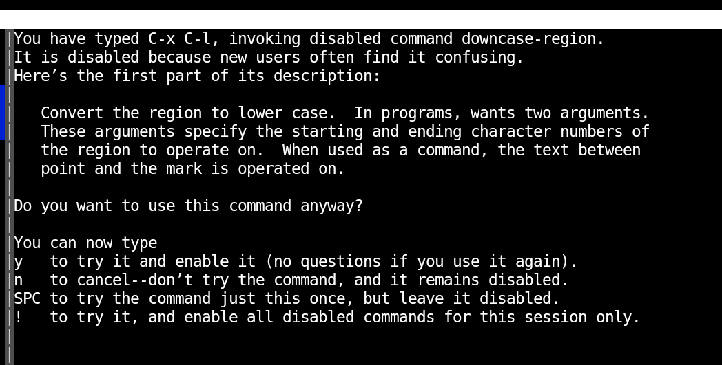 A message inside your Emacs instance after pressing the  and  keys to convert a paragraph to lowercase.