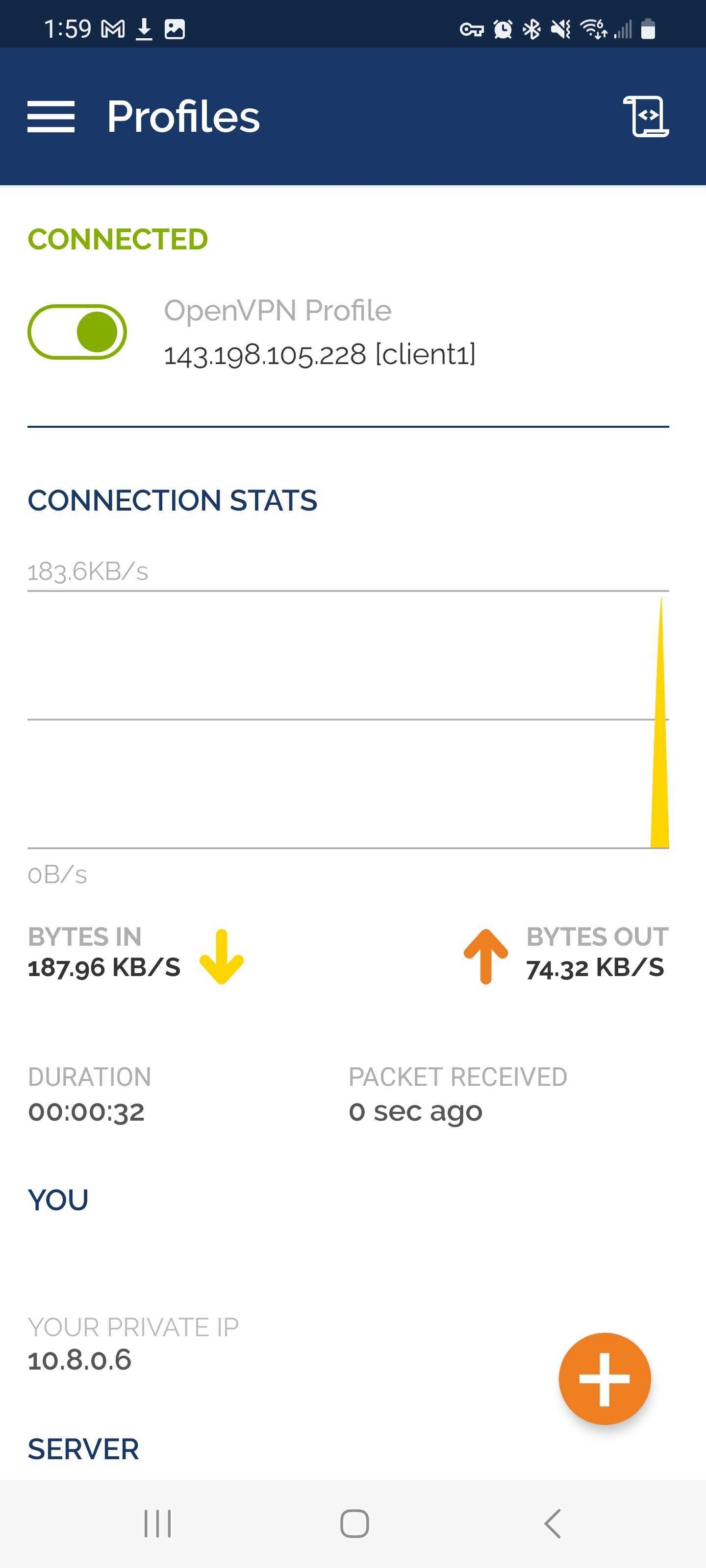 The OpenVPN Android app connected to the VPN