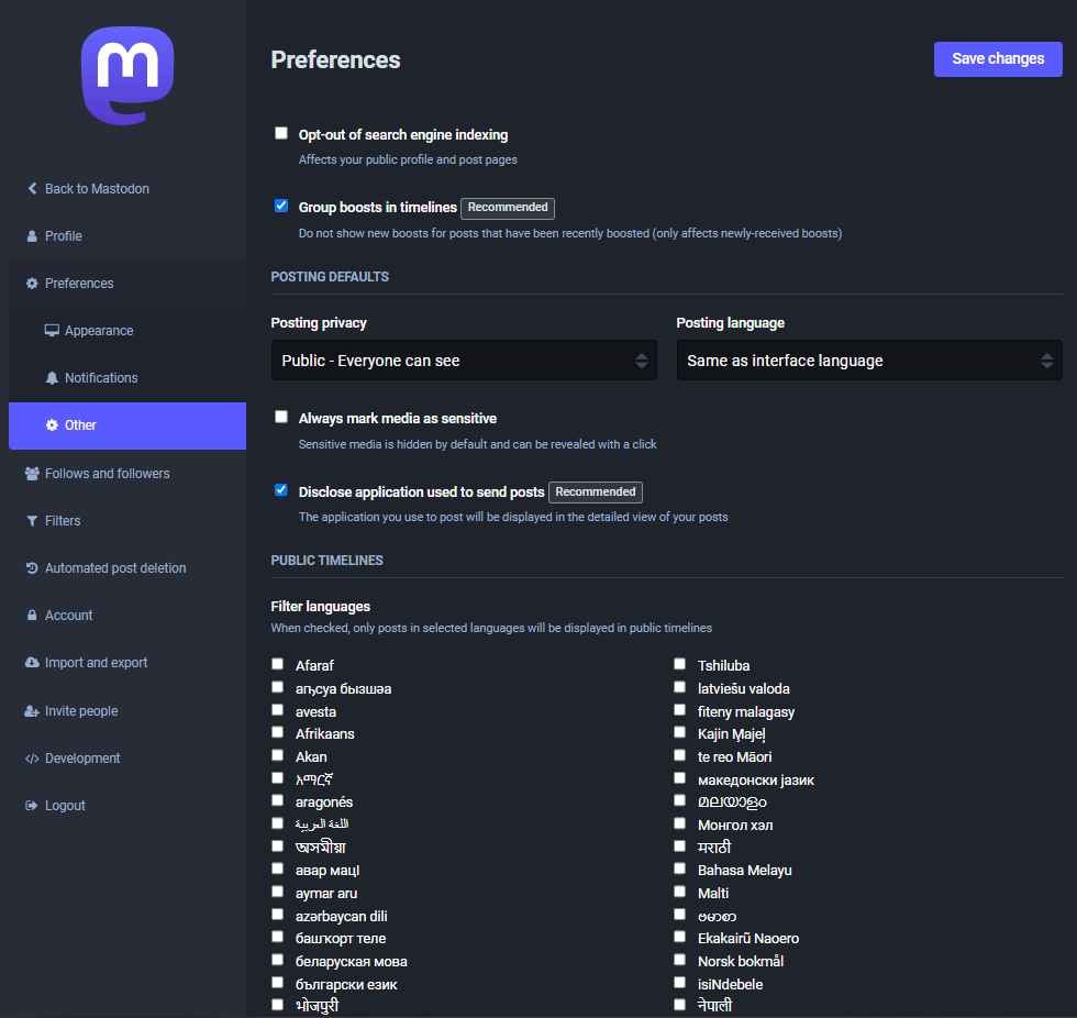 Mastodon UI other preferences settings