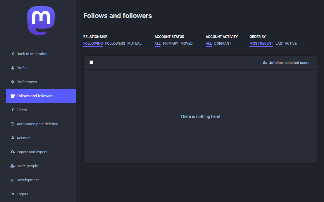 Mastodon UI follows and followers