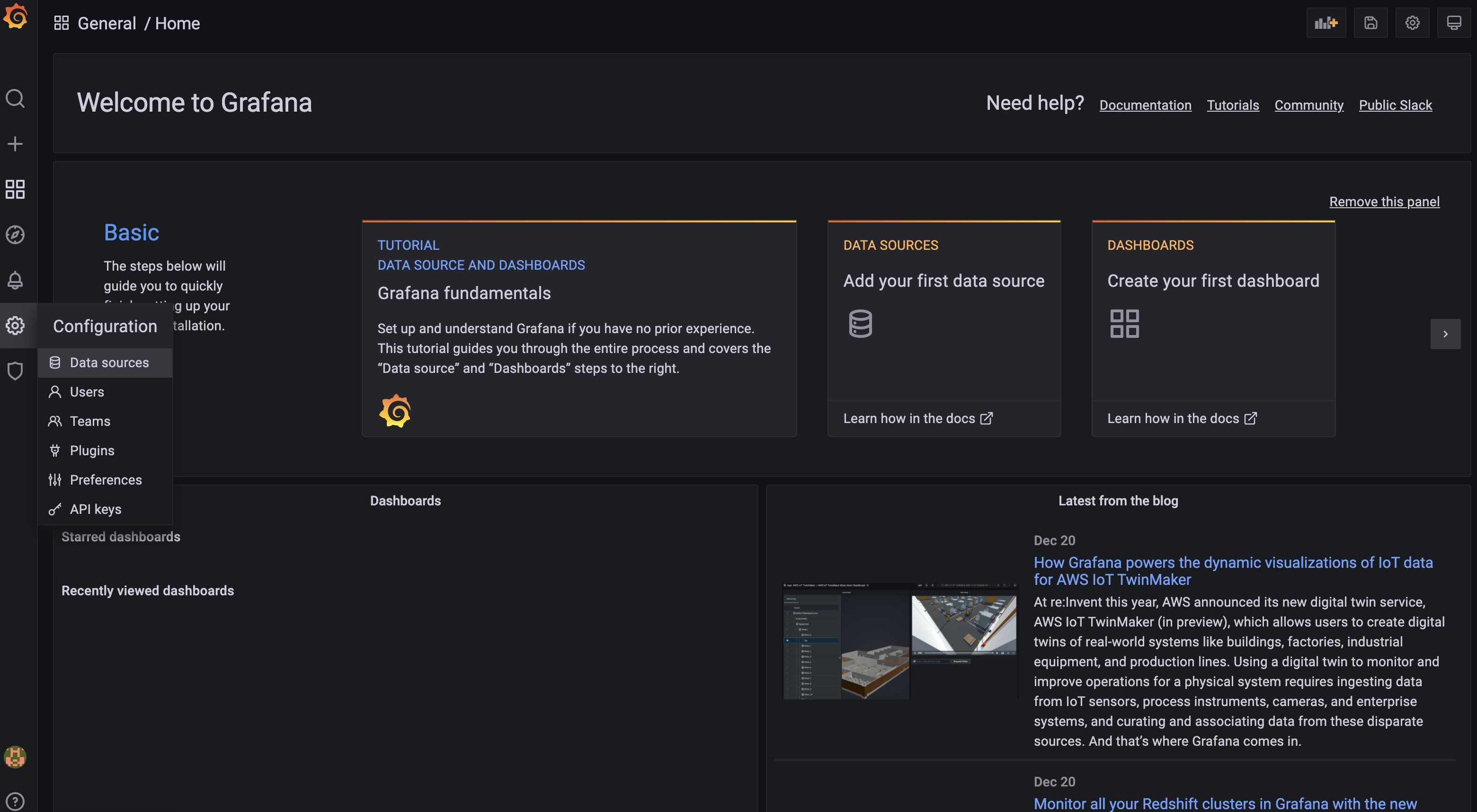 Screencapture showing adding a Data Source under the Configuration tab in Grafana