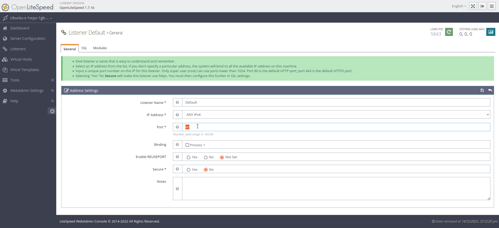 screencapture of OpenLiteSpeed's listener update interface