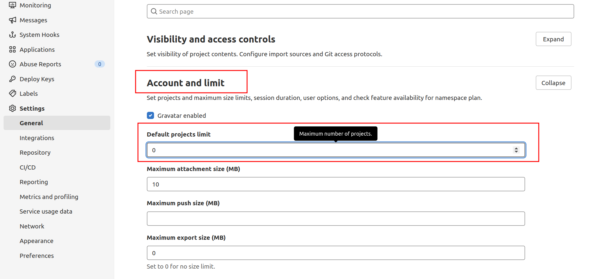 From the 'Account and limit' setting, you can set project limits to zero