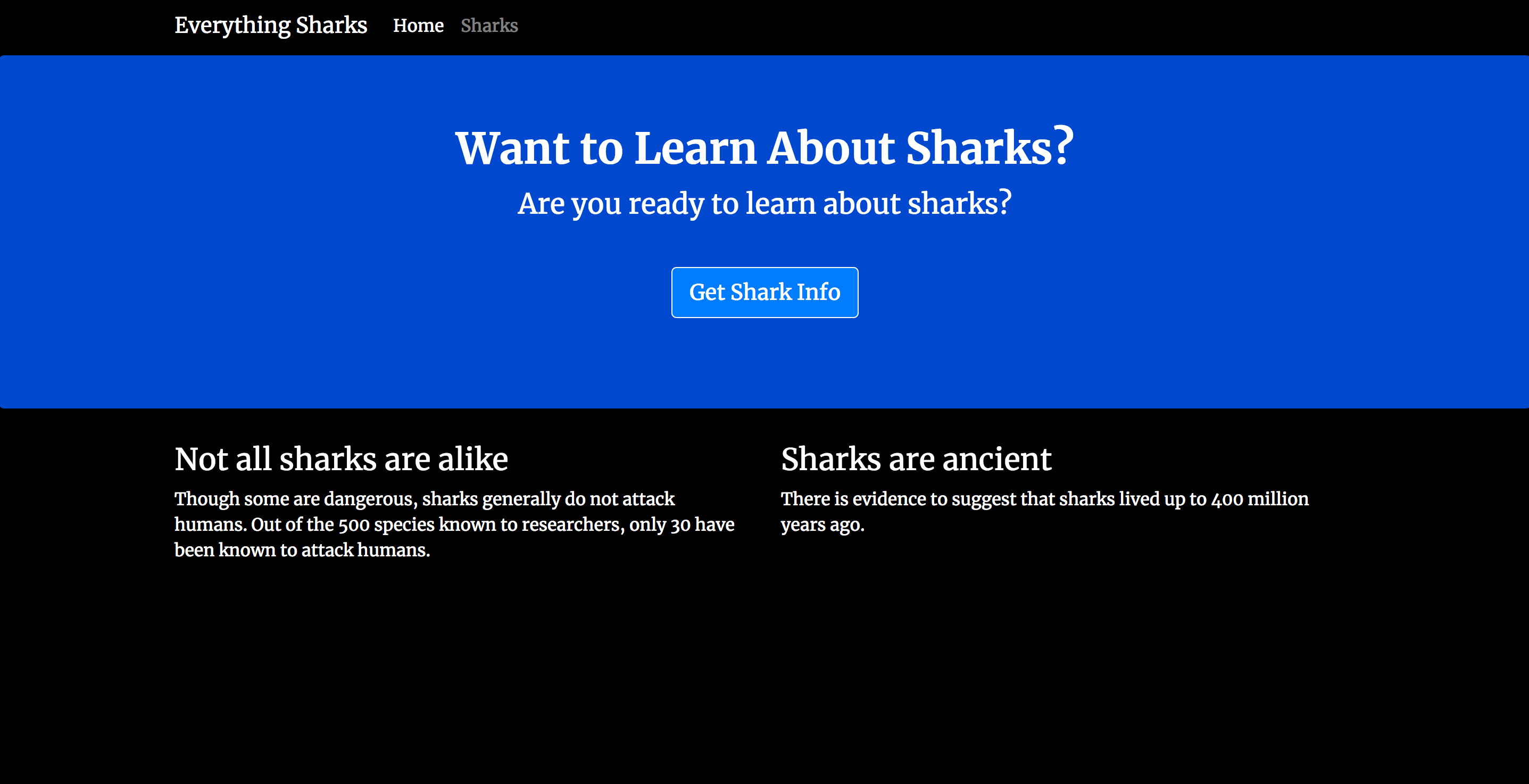 Everything Sharks Application Landing Page