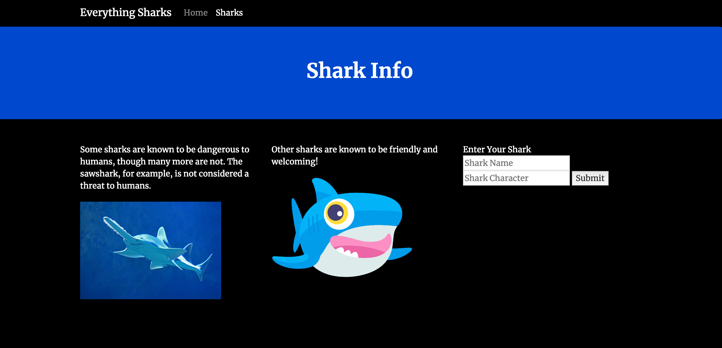 Shark Info Form where you can enter a shark name and the characteristics of that shark