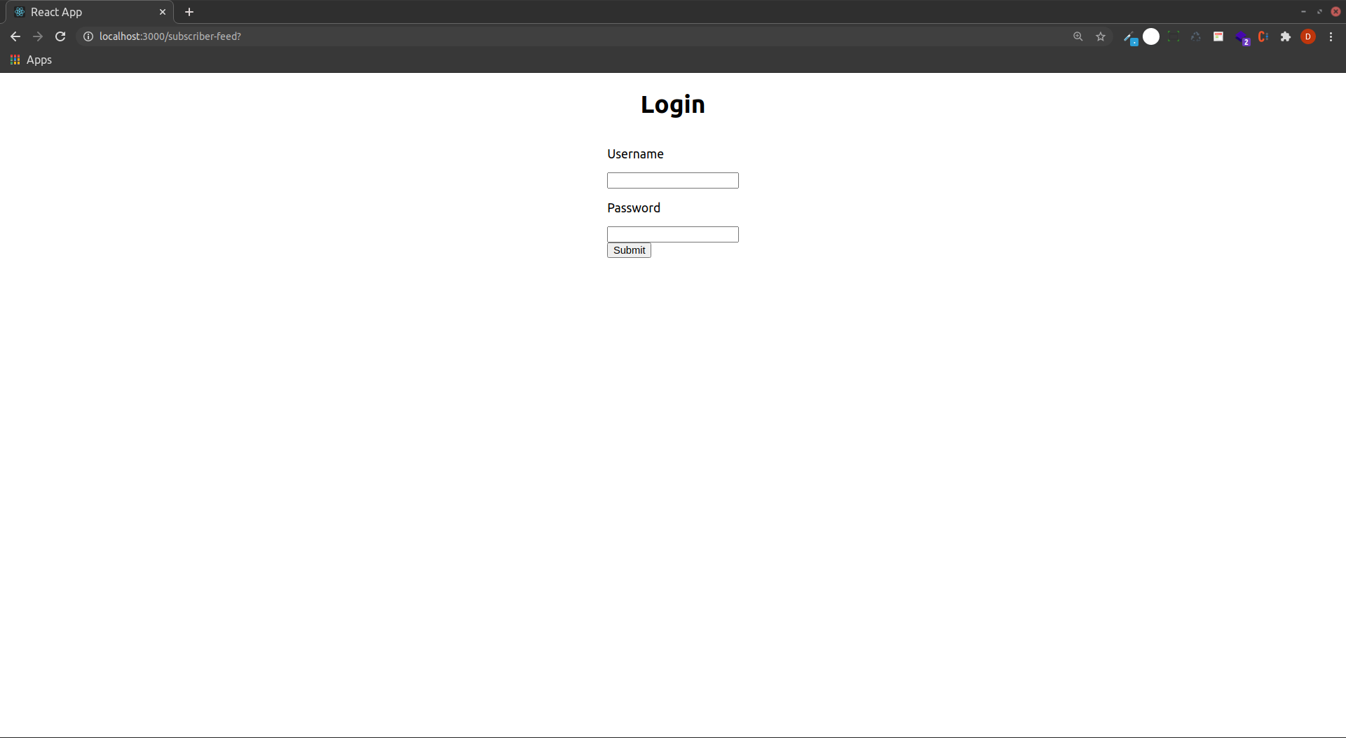 Screencapture of the React application login form showing username and password input boxes