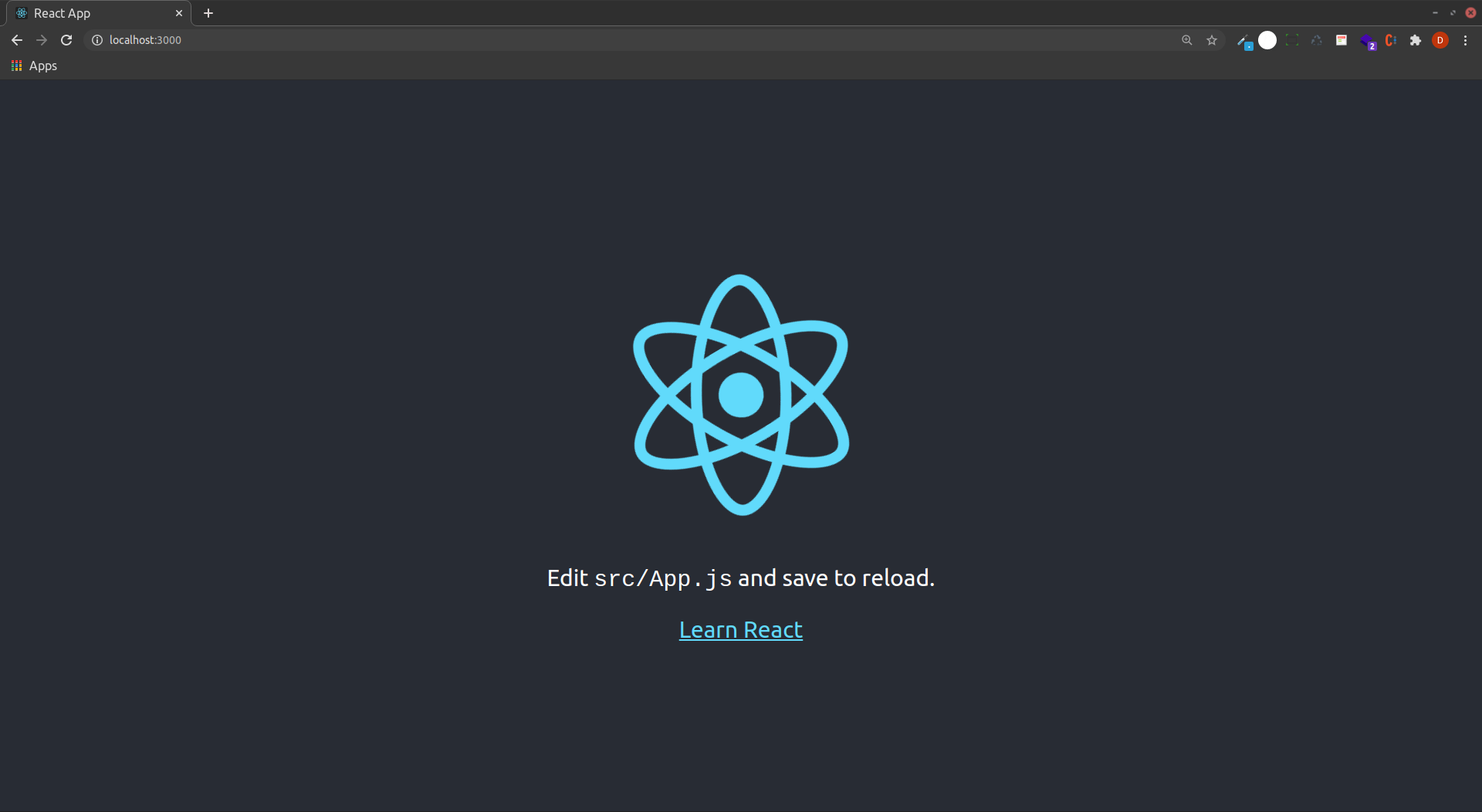 Screencapture of the React application's initial startup display in the browser