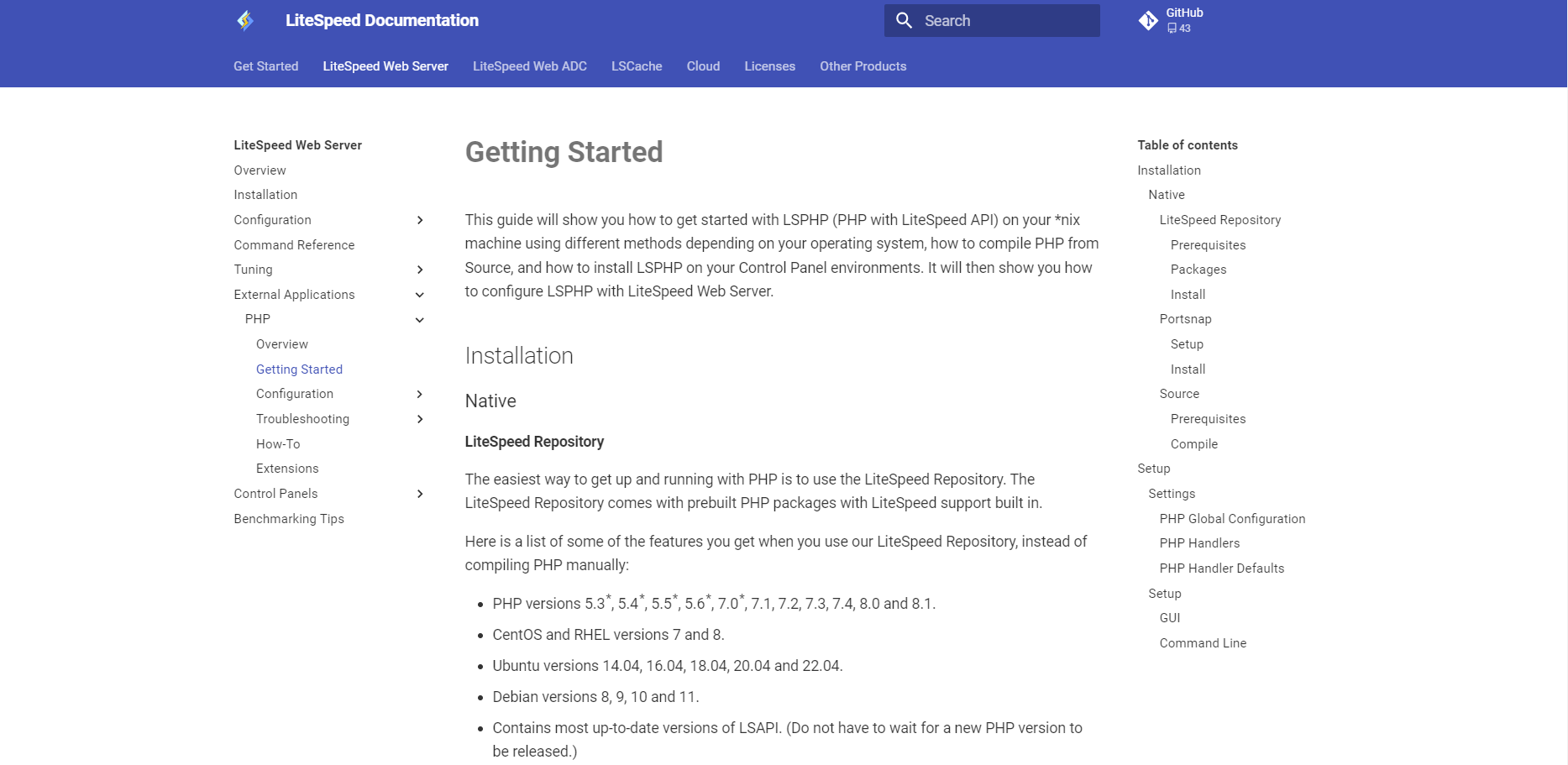 Screencapture displaying the LiteSpeed PHP Versions in the Documentation