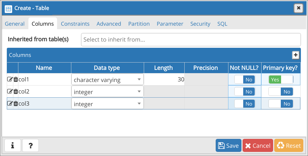 Create Table - Columns Tab with Primary Key turned on