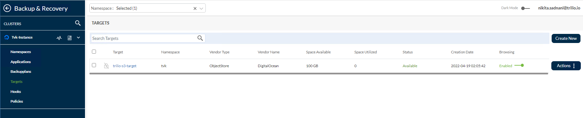 Screencapture showing the list of targets