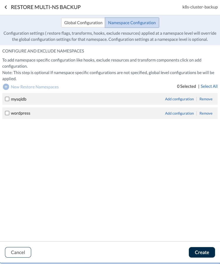 Screencapture showing namespace configuration options