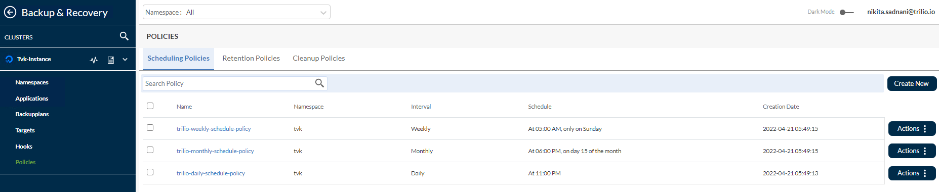 Screencapture showing the default scheduled policies in the TVK management console