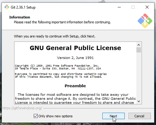Screencapture of the first prompt with the Git installation wizard where you will click next to start setup