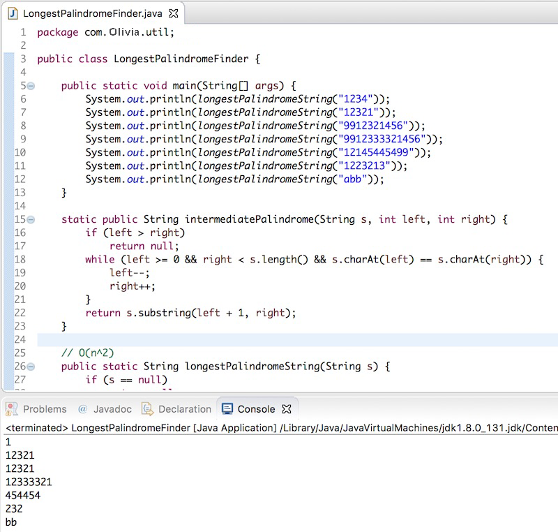 longest palindrome substring in a string in java