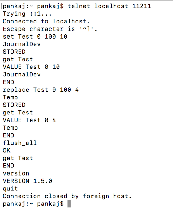 memcached telnet commands example, memcached set, get, flush_all, stats example