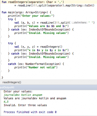 kotlin print statements split and exceptions