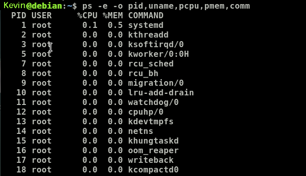 ps -e -o pid,uname,pcpu,pmem,comm